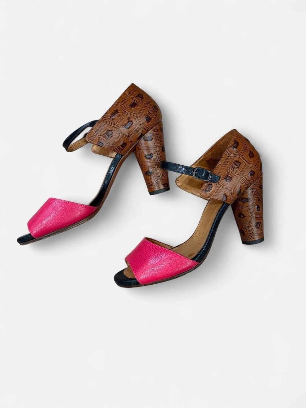 Chie Mihara Leather Colorblock Block Heel Sandals Pink Brown Black EU 39